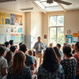 An engaging and positive image highlighting addiction prevention, featuring a diverse group of individuals gathered in a bright community center
