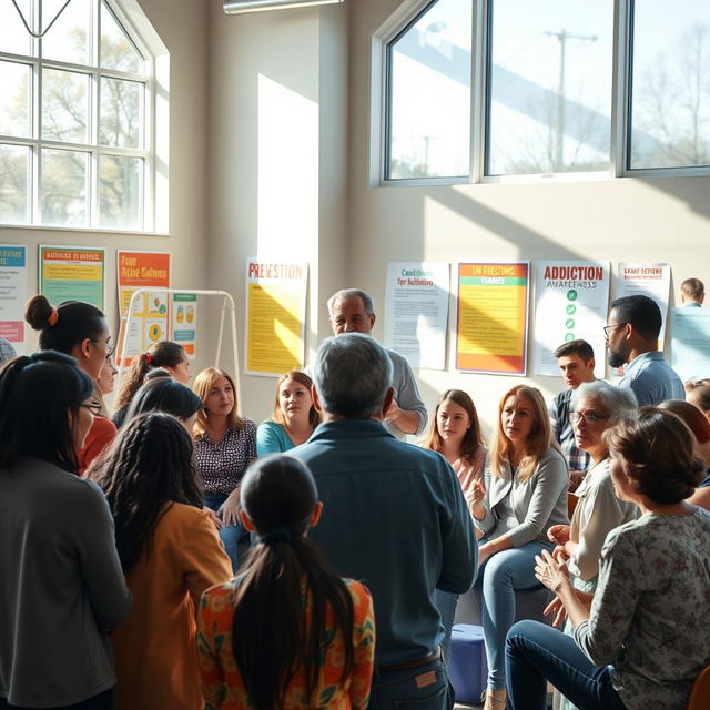 An engaging and positive image highlighting addiction prevention, featuring a diverse group of individuals gathered in a bright community center