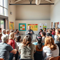 An engaging and positive image highlighting addiction prevention, featuring a diverse group of individuals gathered in a bright community center