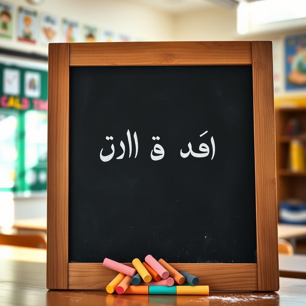 A wooden blackboard featuring handwritten Arabic text that says "قناة السادس الاعدادي"