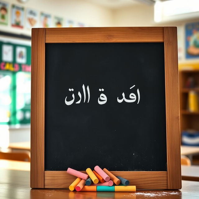 A wooden blackboard featuring handwritten Arabic text that says "قناة السادس الاعدادي"