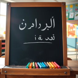 A wooden blackboard featuring handwritten Arabic text that says "قناة السادس الاعدادي"