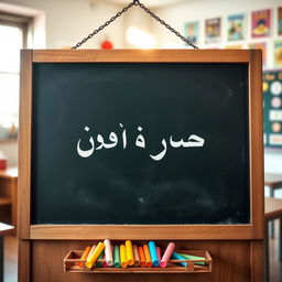 A wooden blackboard featuring handwritten Arabic text that says "قناة السادس الاعدادي"