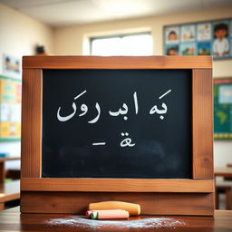 A wooden blackboard featuring handwritten Arabic text that says "قناة السادس الاعدادي"