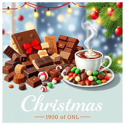 A vibrant Christmas poster featuring an enticing display of chocolate, coffee, and candy