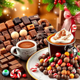 A vibrant Christmas poster featuring an enticing display of chocolate, coffee, and candy