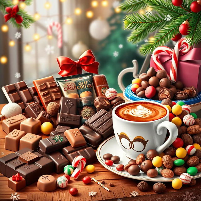 A vibrant Christmas poster featuring an enticing display of chocolate, coffee, and candy