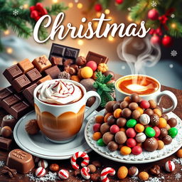 A vibrant Christmas poster featuring an enticing display of chocolate, coffee, and candy