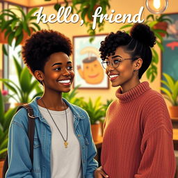 Hello, friend! A friendly and warm scene showing two people greeting each other with a smile in a cozy, inviting setting