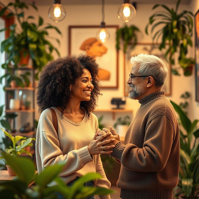 Hello, friend! A friendly and warm scene showing two people greeting each other with a smile in a cozy, inviting setting