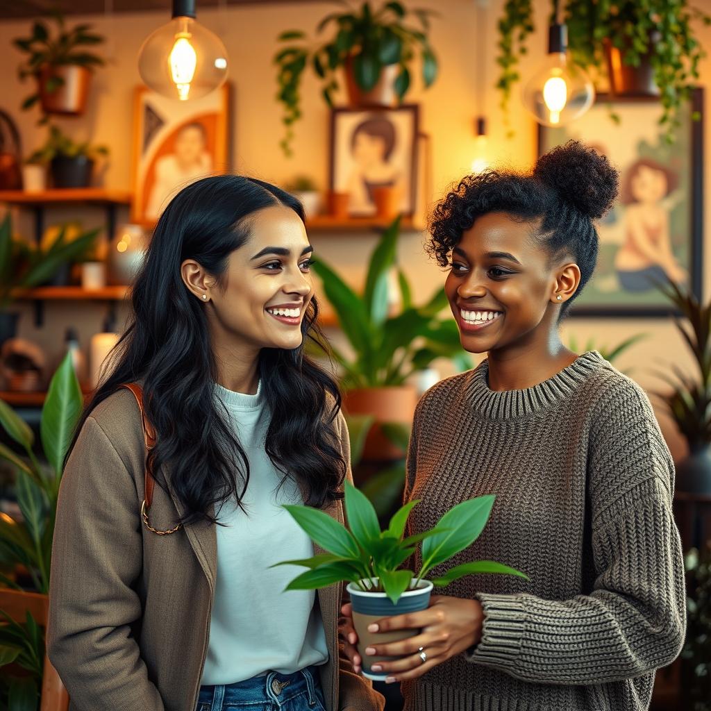 Hello, friend! A friendly and warm scene showing two people greeting each other with a smile in a cozy, inviting setting