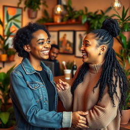 Hello, friend! A friendly and warm scene showing two people greeting each other with a smile in a cozy, inviting setting