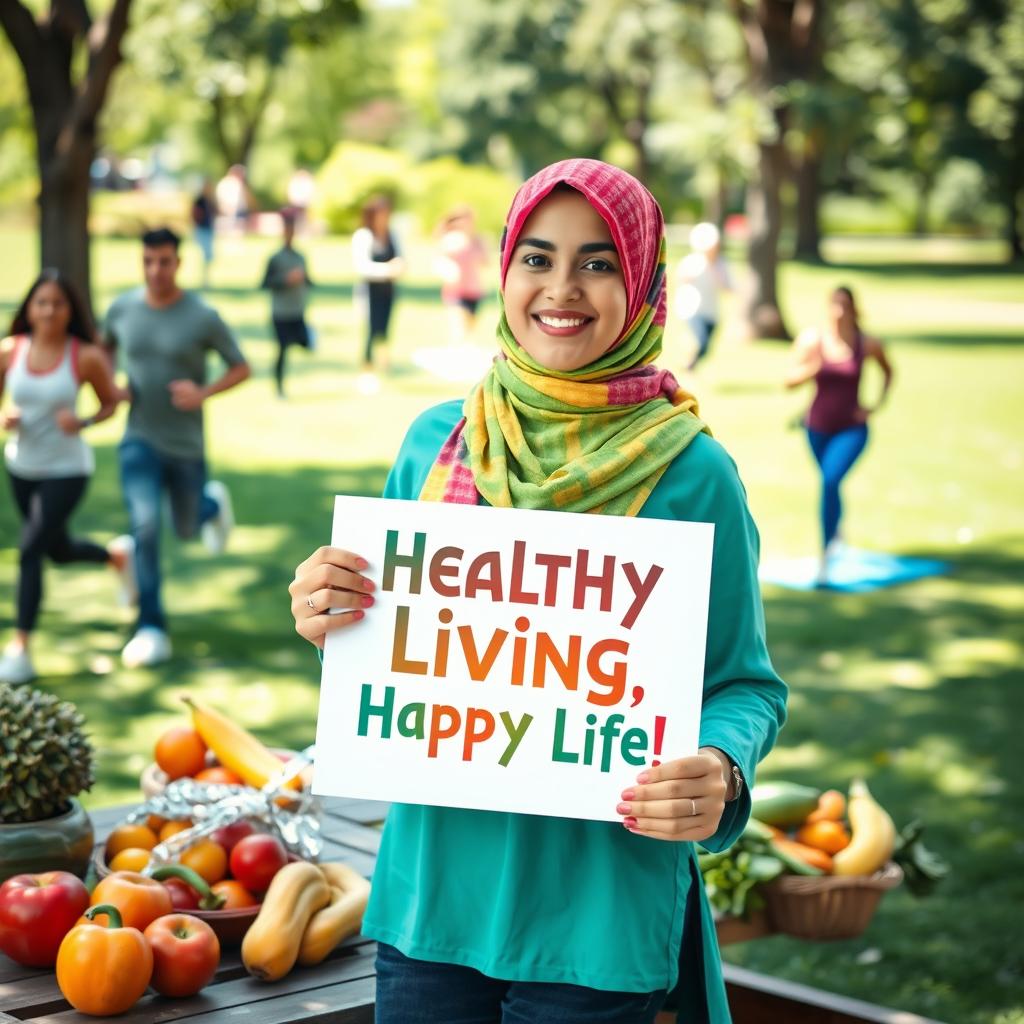 A vibrant and empowering image of a young woman wearing a colorful hijab, actively promoting healthy lifestyles