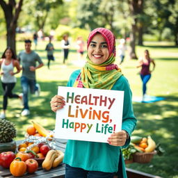 A vibrant and empowering image of a young woman wearing a colorful hijab, actively promoting healthy lifestyles