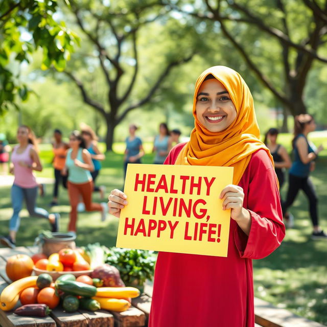 A vibrant and empowering image of a young woman wearing a colorful hijab, actively promoting healthy lifestyles