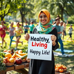 A vibrant and empowering image of a young woman wearing a colorful hijab, actively promoting healthy lifestyles