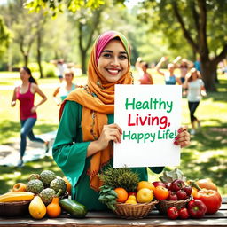 A vibrant and empowering image of a young woman wearing a colorful hijab, actively promoting healthy lifestyles