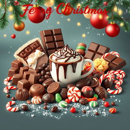 A festive Christmas poster filled with a delightful assortment of chocolate, coffee, and candy