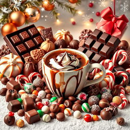 A festive Christmas poster filled with a delightful assortment of chocolate, coffee, and candy