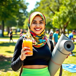 A vibrant and inspiring photo of a young woman wearing a colorful hijab, smiling confidently as she promotes healthy lifestyles