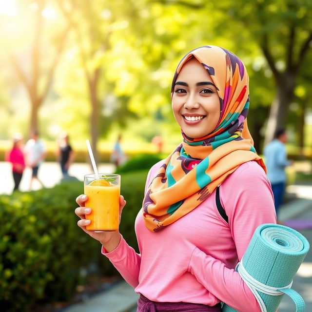 A vibrant and inspiring photo of a young woman wearing a colorful hijab, smiling confidently as she promotes healthy lifestyles