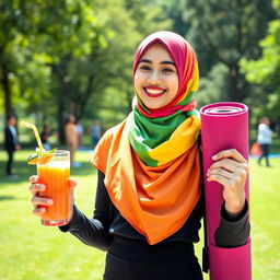 A vibrant and inspiring photo of a young woman wearing a colorful hijab, smiling confidently as she promotes healthy lifestyles
