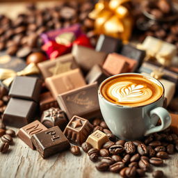 A vibrant and enticing marketing cover page showcasing an assortment of luxurious chocolates and steaming coffee