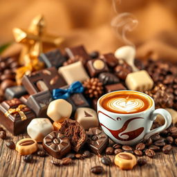 A vibrant and enticing marketing cover page showcasing an assortment of luxurious chocolates and steaming coffee
