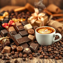 A vibrant and enticing marketing cover page showcasing an assortment of luxurious chocolates and steaming coffee