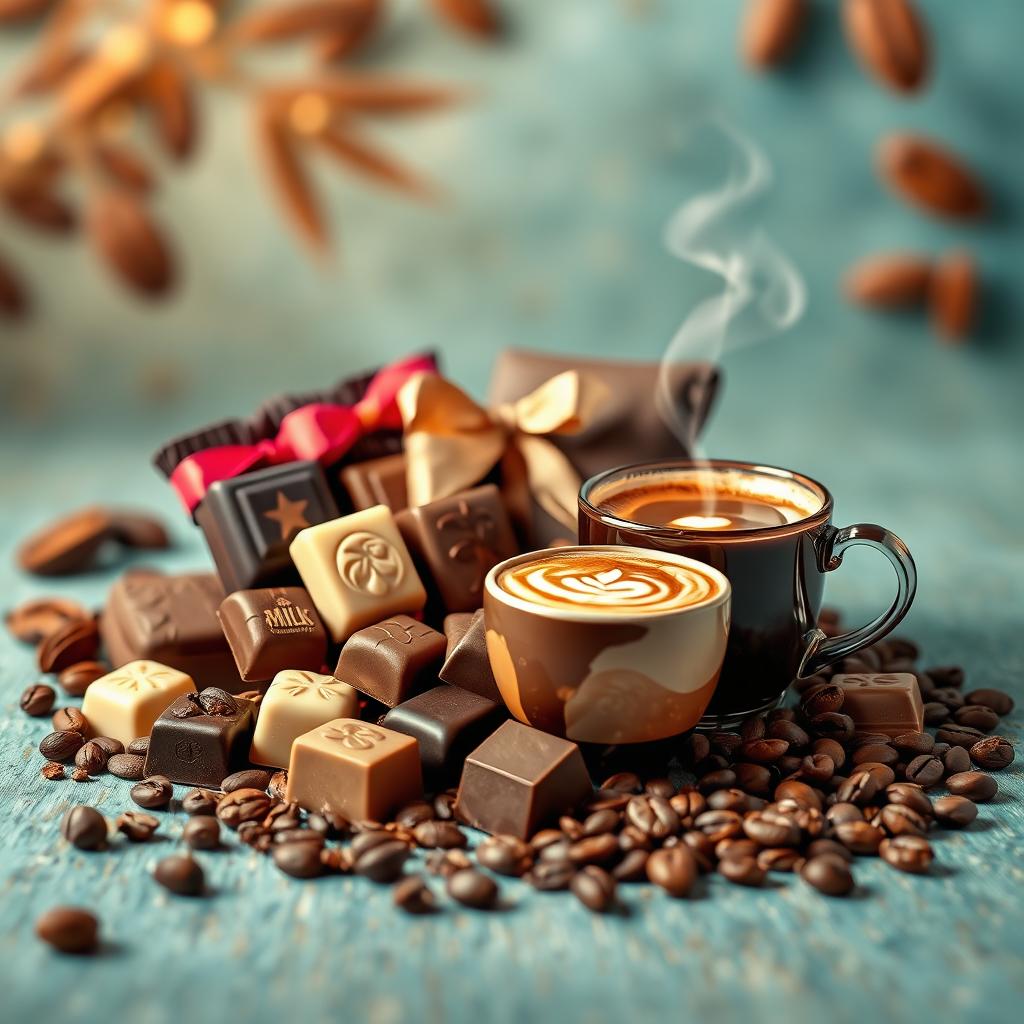 A vibrant and enticing marketing cover page showcasing an assortment of luxurious chocolates and steaming coffee