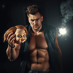 A surreal scene depicting a muscular man with a rugged appearance, confidently holding the severed head of Chucky, the infamous doll, in one hand