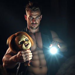 A surreal scene depicting a muscular man with a rugged appearance, confidently holding the severed head of Chucky, the infamous doll, in one hand