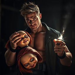 A surreal scene depicting a muscular man with a rugged appearance, confidently holding the severed head of Chucky, the infamous doll, in one hand