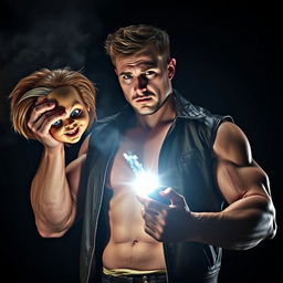 A surreal scene depicting a muscular man with a rugged appearance, confidently holding the severed head of Chucky, the infamous doll, in one hand