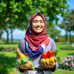 A young woman wearing a colorful hijab, smiling brightly as she stands in a lush green park