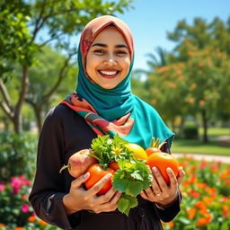 A young woman wearing a colorful hijab, smiling brightly as she stands in a lush green park