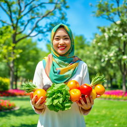 A young woman wearing a colorful hijab, smiling brightly as she stands in a lush green park