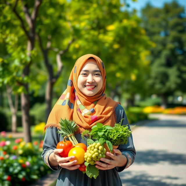 A young woman wearing a colorful hijab, smiling brightly as she stands in a lush green park