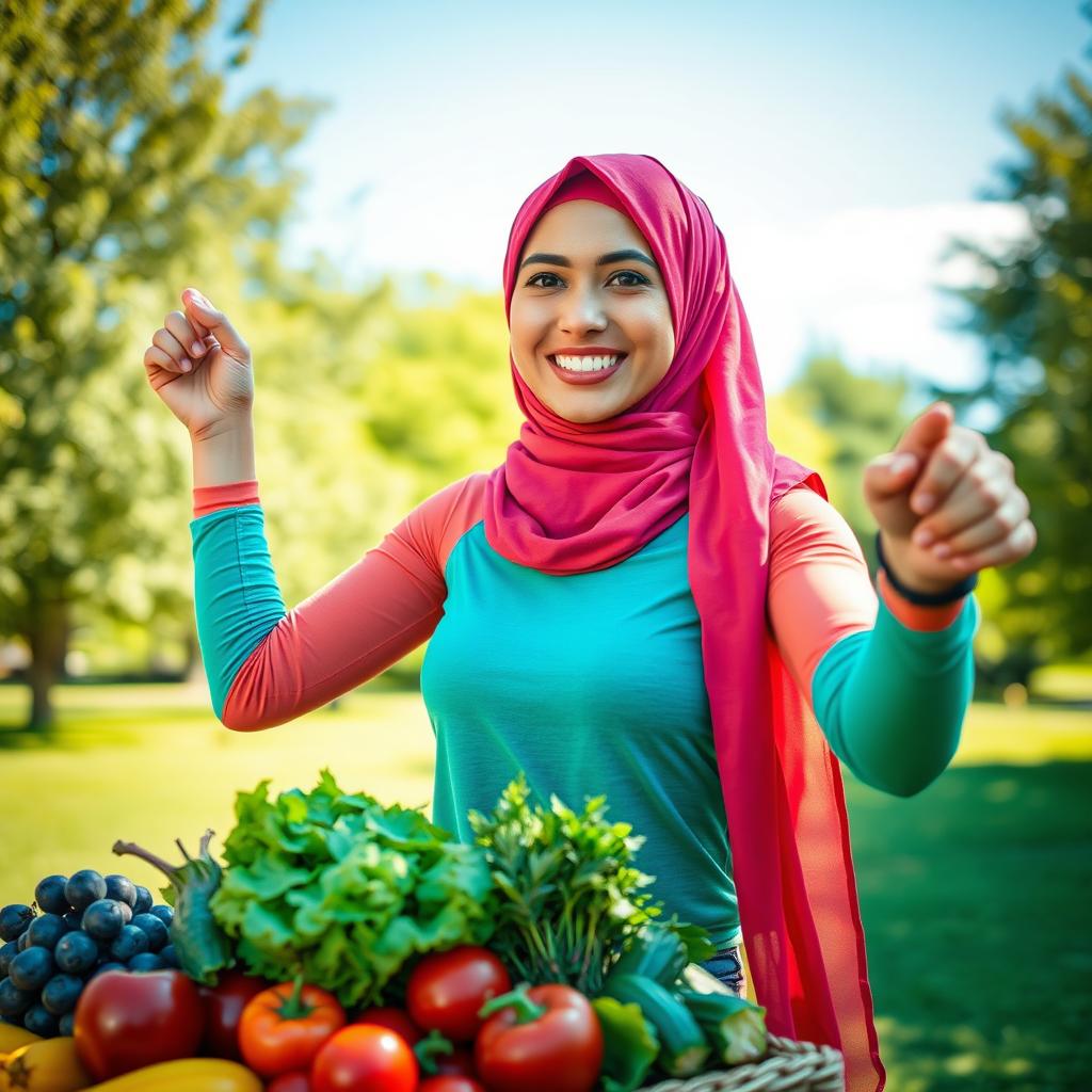 A vibrant and inspiring image of a young woman wearing a colorful hijab, actively promoting a healthy lifestyle