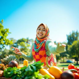 A vibrant and inspiring image of a young woman wearing a colorful hijab, actively promoting a healthy lifestyle