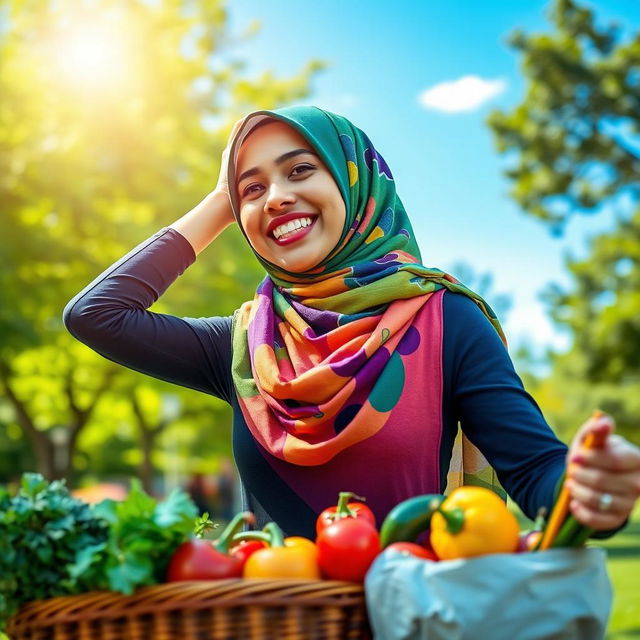 A vibrant and inspiring image of a young woman wearing a colorful hijab, actively promoting a healthy lifestyle