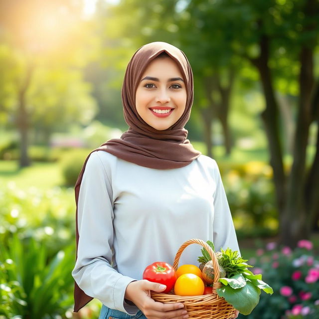 A portrait of an Iranian girl wearing a stylish hijab, standing confidently with a bright smile, holding a basket of fresh fruits and vegetables