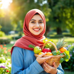 A portrait of an Iranian girl wearing a stylish hijab, standing confidently with a bright smile, holding a basket of fresh fruits and vegetables