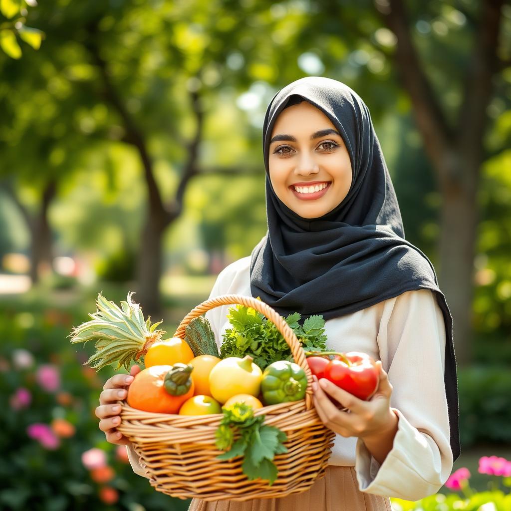 A portrait of an Iranian girl wearing a stylish hijab, standing confidently with a bright smile, holding a basket of fresh fruits and vegetables