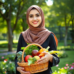 A portrait of an Iranian girl wearing a stylish hijab, standing confidently with a bright smile, holding a basket of fresh fruits and vegetables