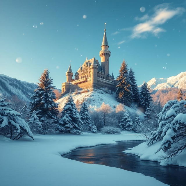 A stunning winter landscape featuring a majestic castle perched atop a snowy mountain