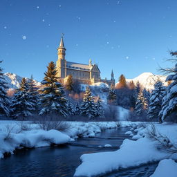 A stunning winter landscape featuring a majestic castle perched atop a snowy mountain