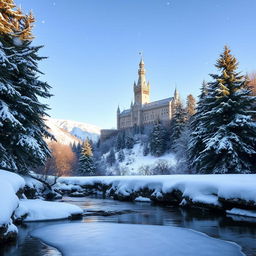 A stunning winter landscape featuring a majestic castle perched atop a snowy mountain