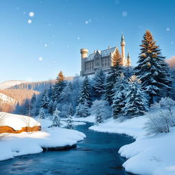 A stunning winter landscape featuring a majestic castle perched atop a snowy mountain