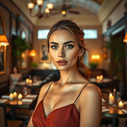 A beautiful female figure standing in a vibrant restaurant setting, showcasing an elegant interior with soft lighting and tasteful decor